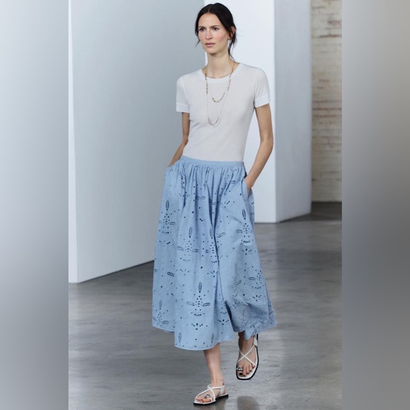 ZARA BLOGGERS FAVORITE EMBROIDERED EYELET MIDI SKIRT - Picture 7 of 16